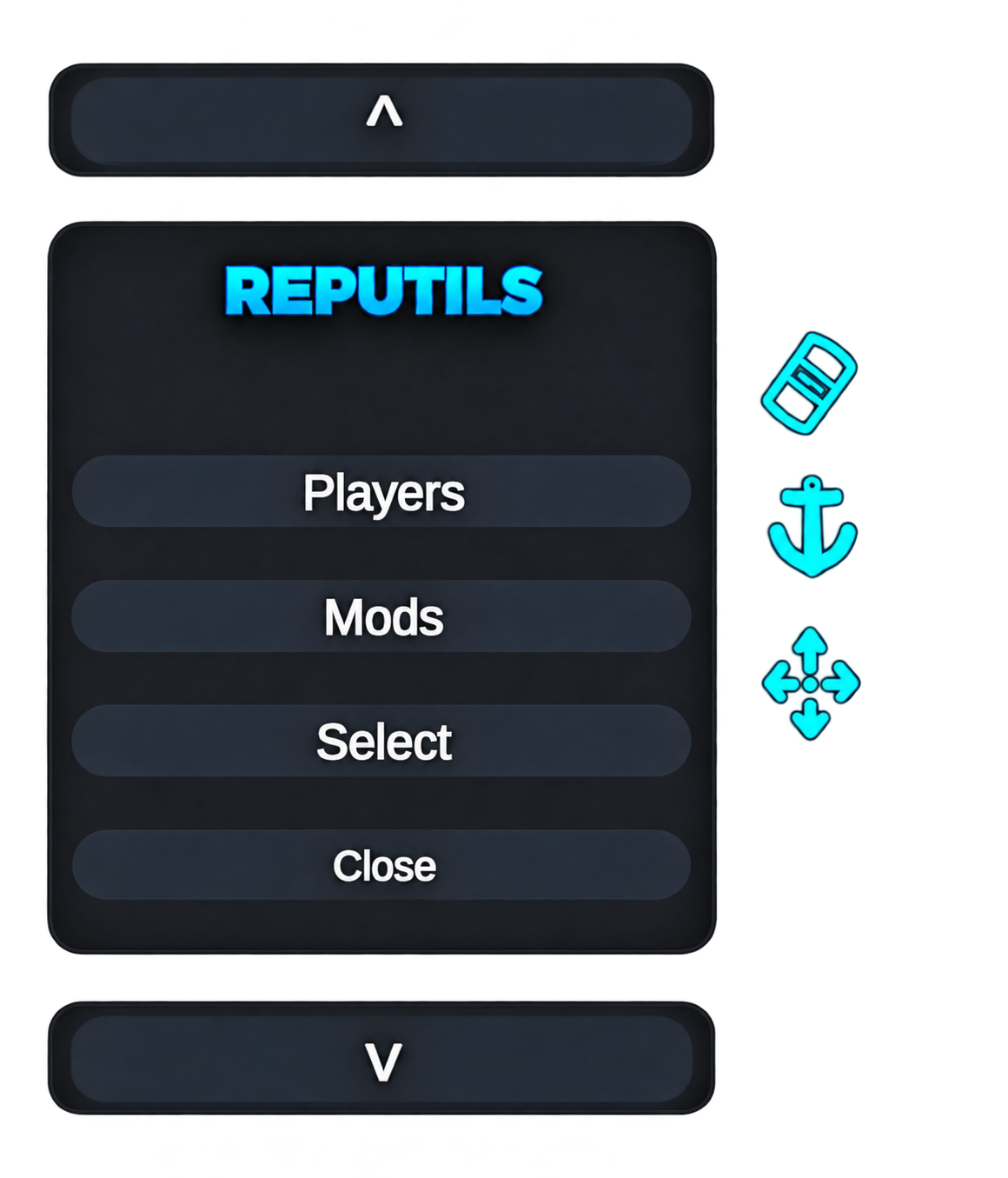 RepUtils menu with Players, Mods, Select, and Close controls, a red Crash control on the left, and cyan controls on the right